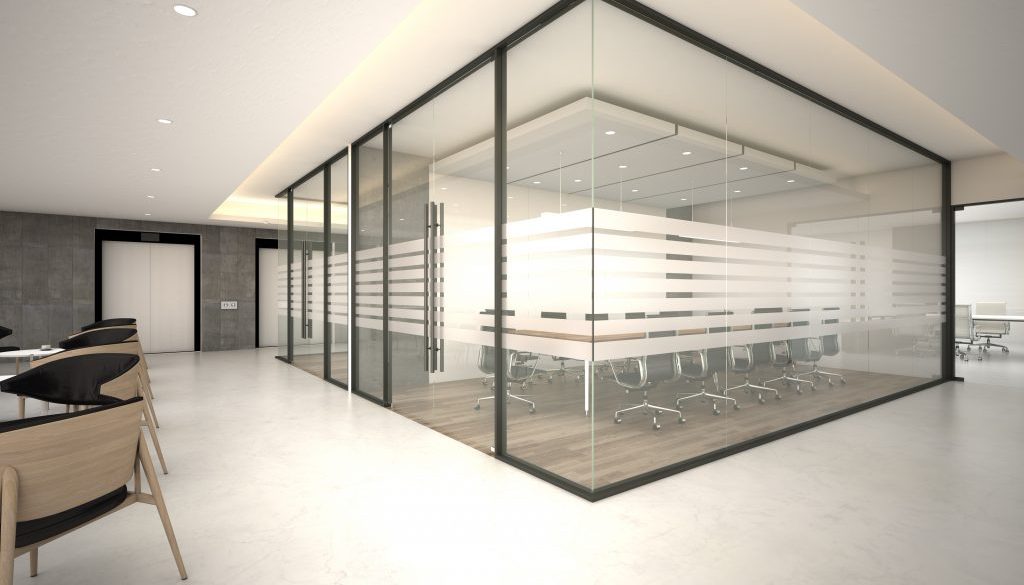 Modern office workspace with glass partitions, creating a transparent and collaborative environment for productivity and teamwork.