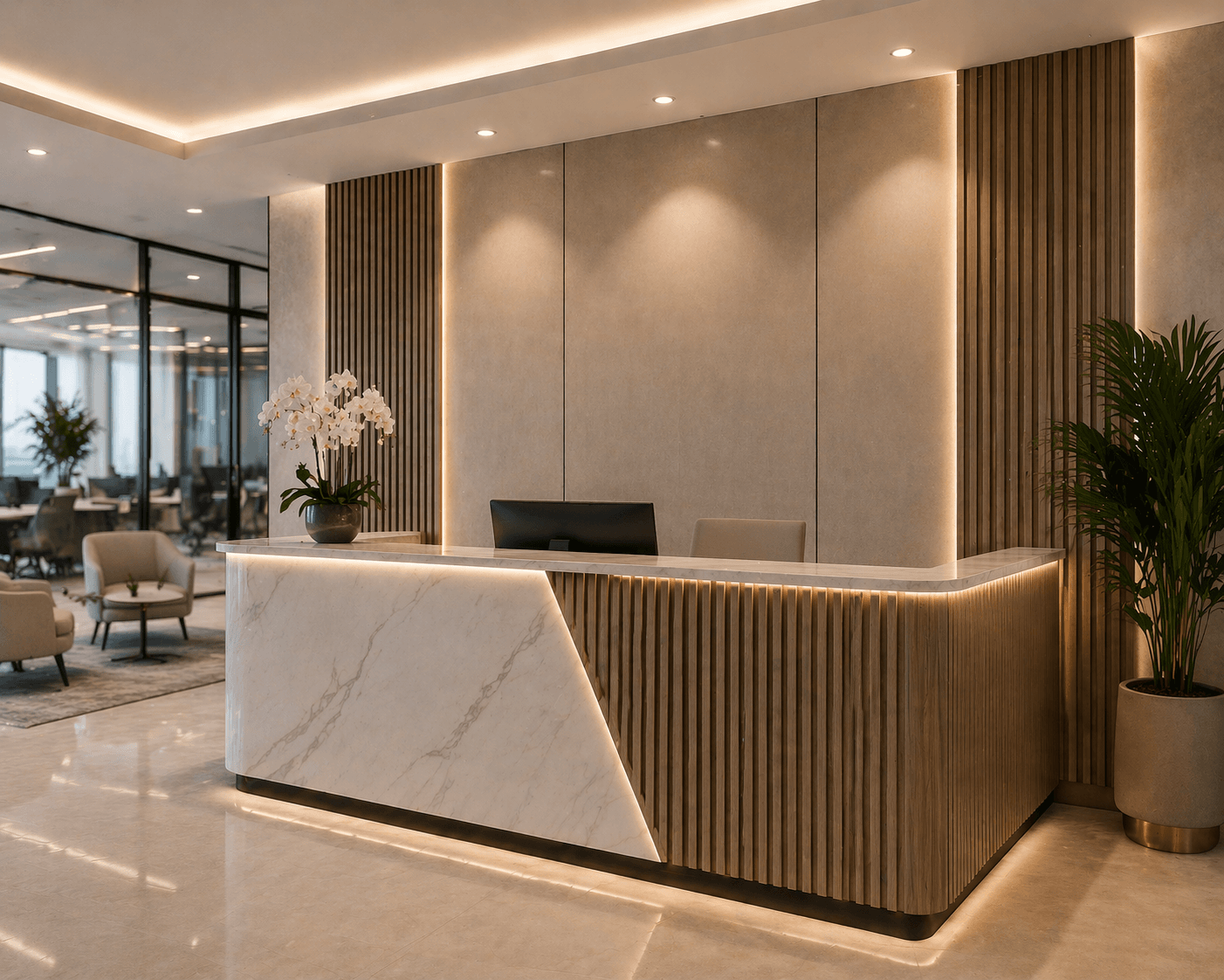 Bespoke joinery, reception desks, cabinets and workstations built for Qatar.