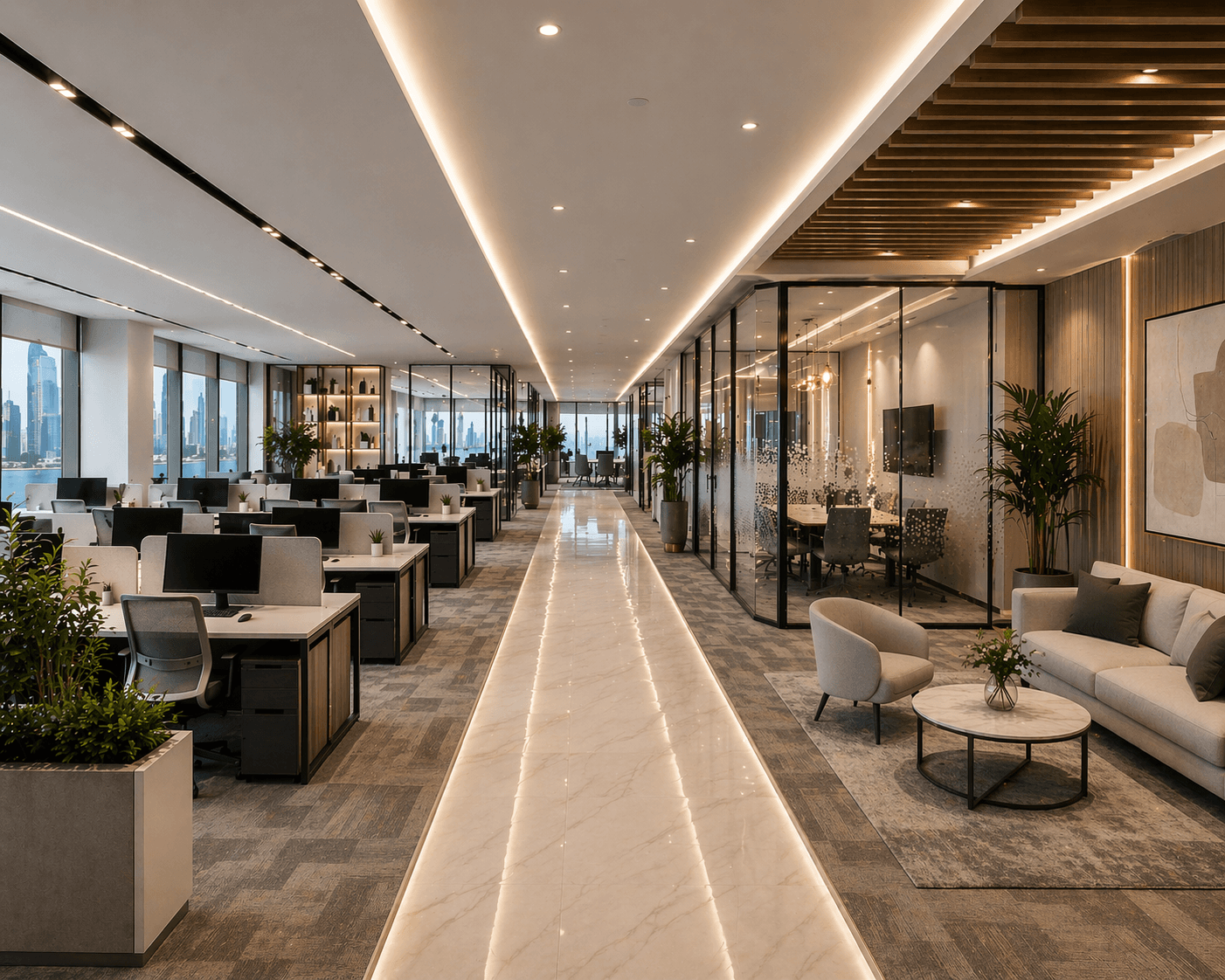 Premium flooring, lighting design and wall treatments for commercial interiors.
