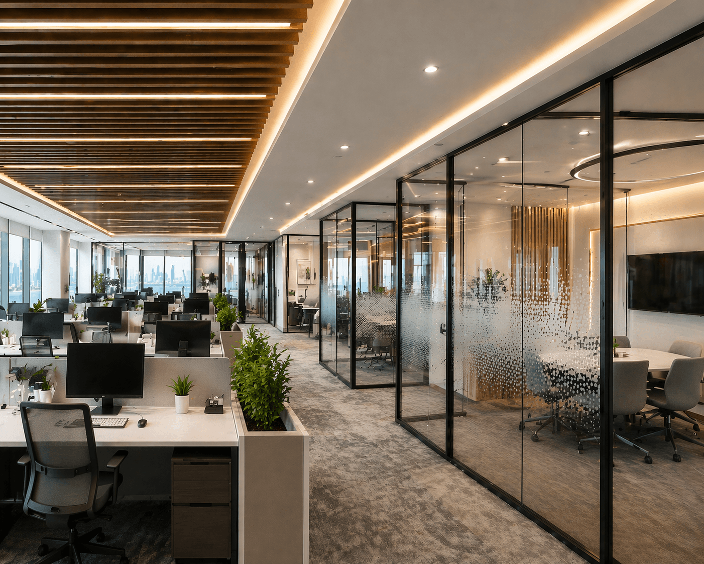 Modern partitions, false ceilings and acoustic solutions for Qatar offices.